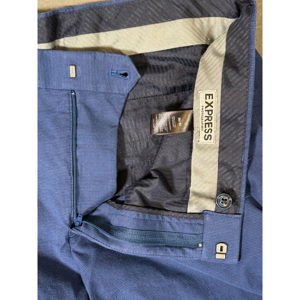 Express Photographer Men Blue Textured Slim Fit Dress Pants 36x32 Cotton Spandex - Picture 2 of 4